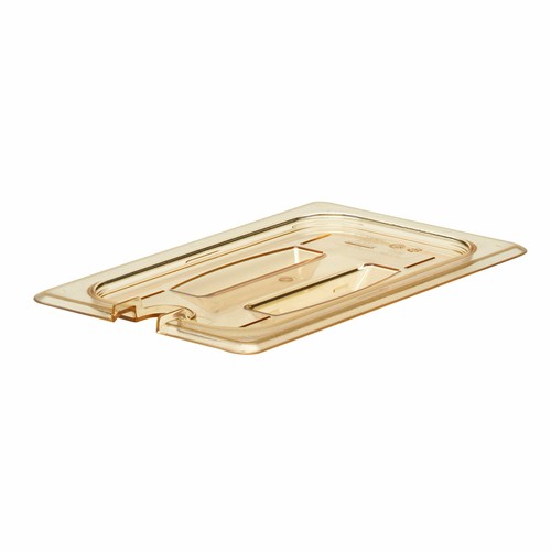 Cambro 40HPCHN150 H-Pan High Heat Food Pan Lid w/ Handle and Notch, 1/4 Size, Amber