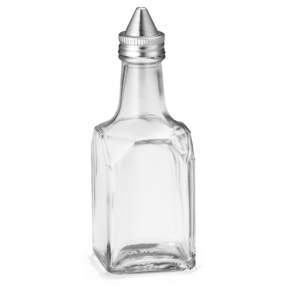 Tablecraft 600 6oz Glass Square Oil & Vinegar Bottle w/ S/S tops